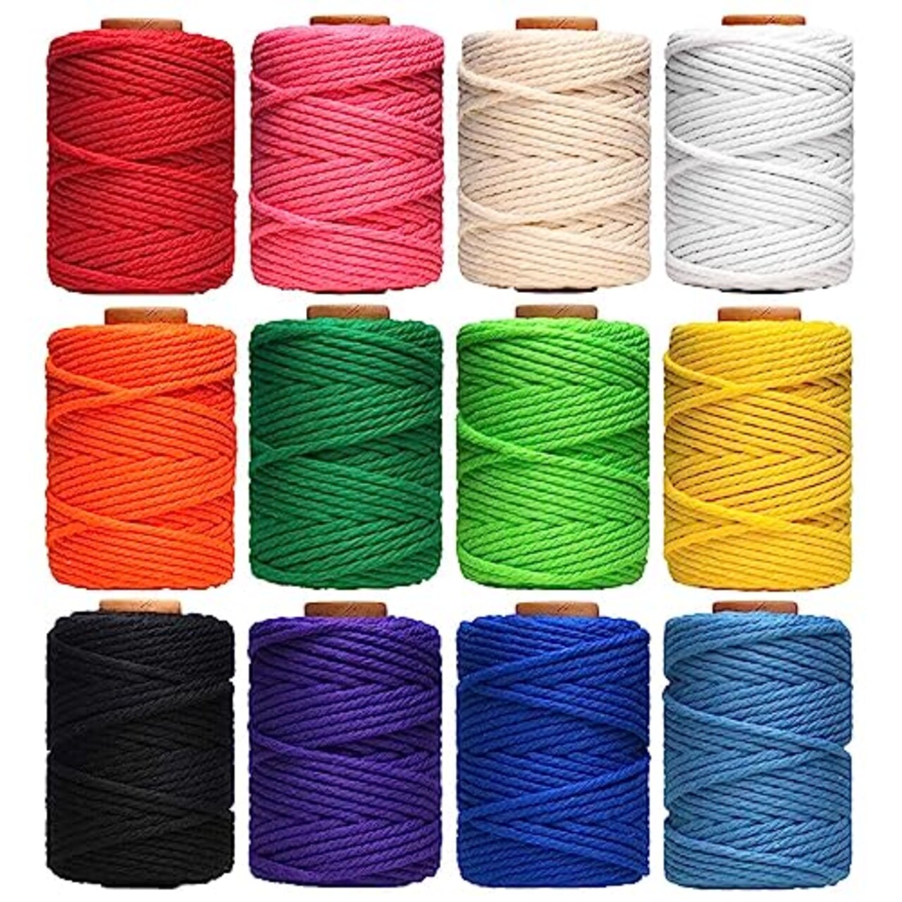 3 mm x 396 Yards Macrame Cord, Natural Cotton Twine, 12 Rolls 4 Strand Colored Macrame String, Colorful Cotton Rope for DIY Crafts Knitting, Artworks, Wall Hanging, Plant Hangers